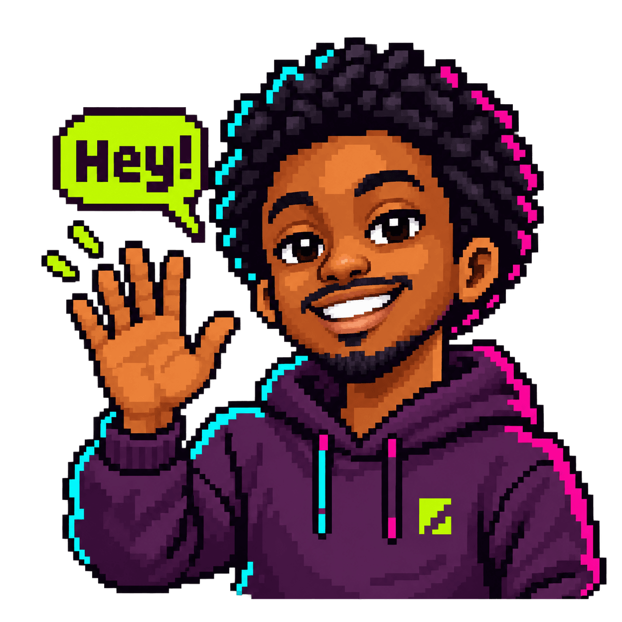 Zakariye's 8-bit avatar waving and saying Hey!
