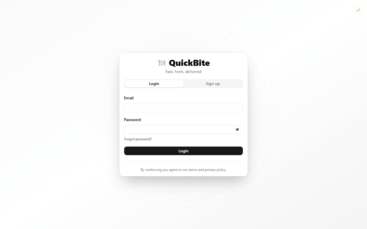 QuickBite demo sign-in screen, captured from the deployed application